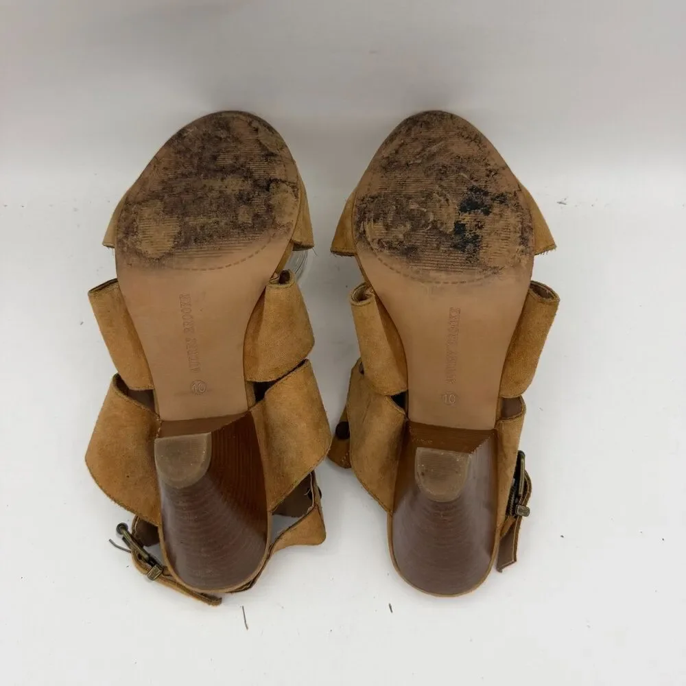 Audrey Brooke Women's Size 10 Tan Suede Cutout Cone Heel Sandals Ankle Strap Lea